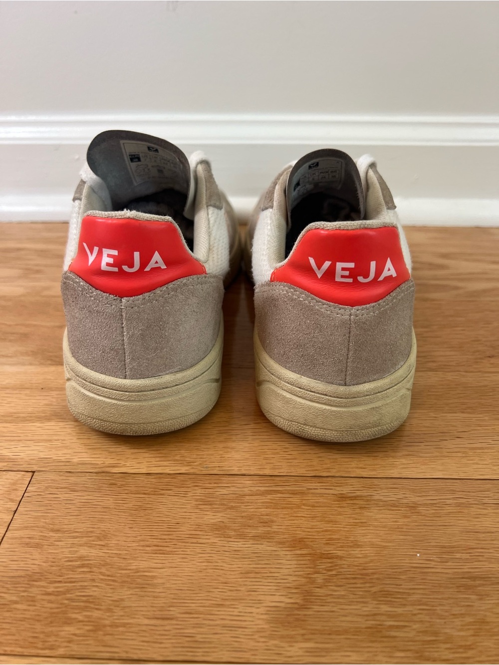 VEJA V-10 Mesh/Suede Low-Top Sneakers in White/Petal Pink/Fuo Orange - Picture 6 of 9